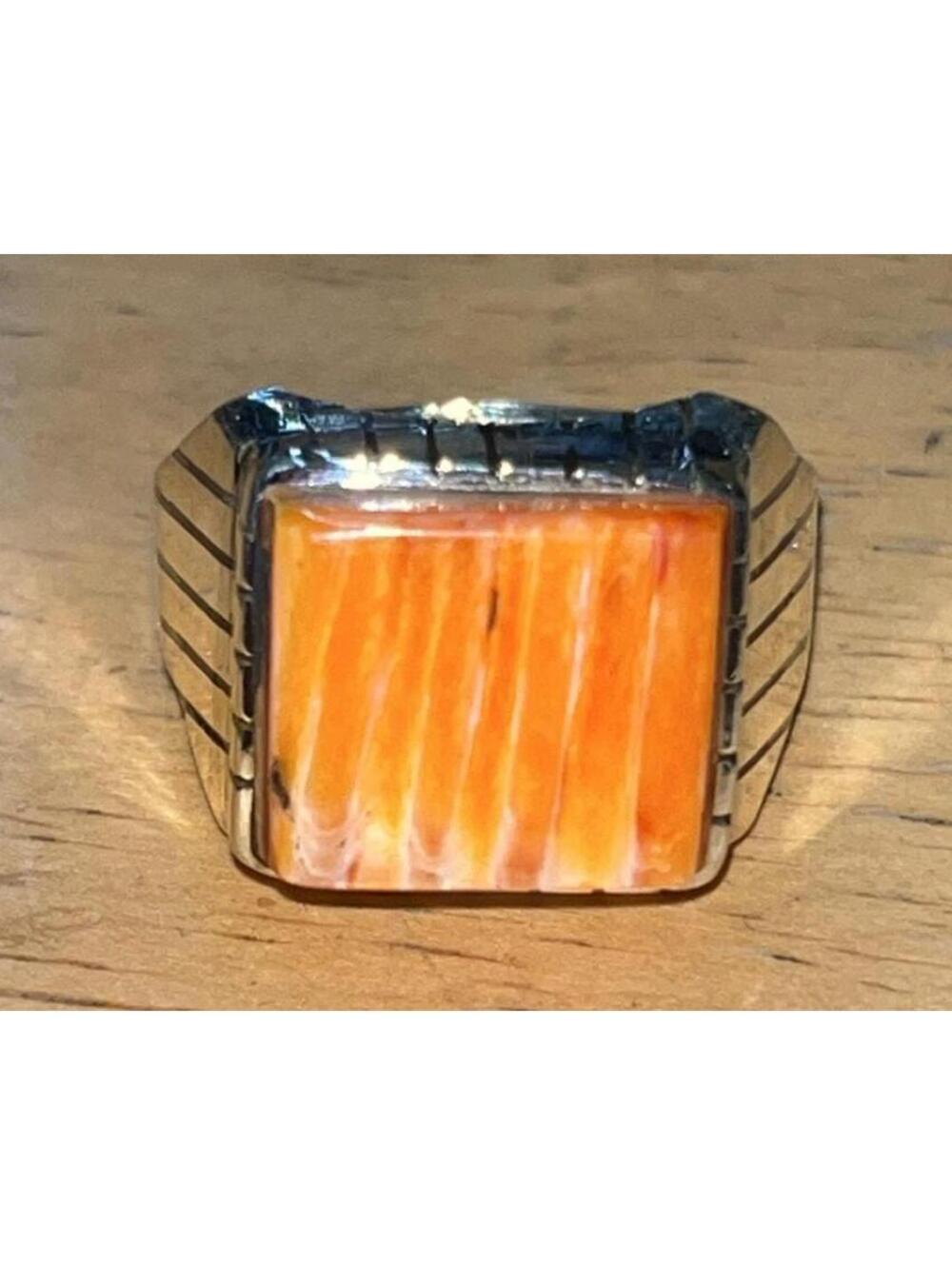 Navajo cluster spiny oyster stone sterling silver inlay ring size 9.5 -Trevor